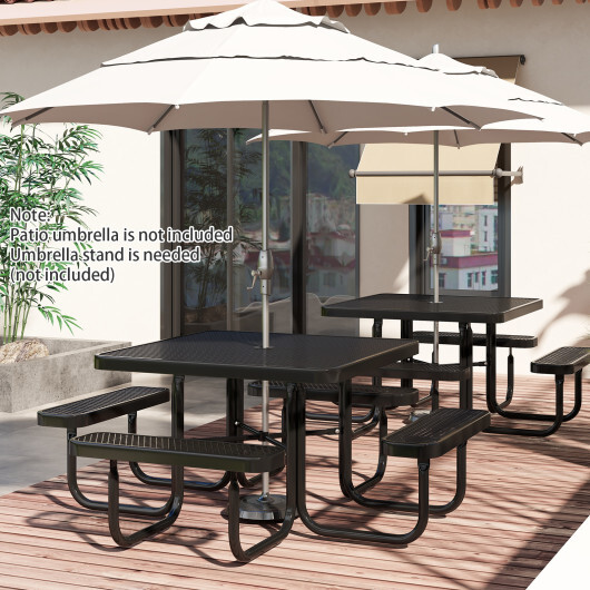 Square Picnic Table and Bench for 8 Person with Seats and Umbrella Hole-Black - Color: Black - Image 2
