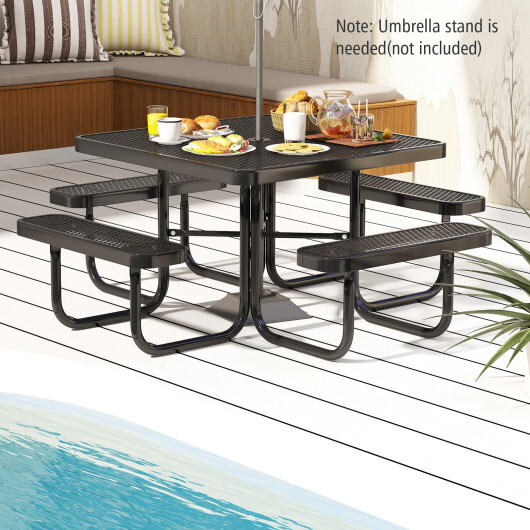 Square Picnic Table and Bench for 8 Person with Seats and Umbrella Hole-Black - Color: Black - Image 3