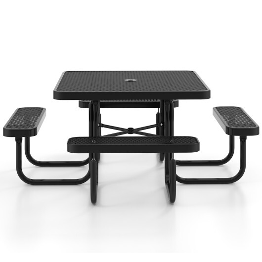 Square Picnic Table and Bench for 8 Person with Seats and Umbrella Hole-Black - Color: Black - Image 4