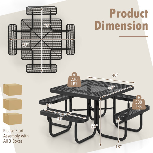 Square Picnic Table and Bench for 8 Person with Seats and Umbrella Hole-Black - Color: Black - Image 5