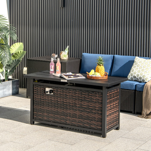 45 Inch Propane Rattan Firepit Table with Glass Stones and Protective Cover-Mixed Brown - Color: Brown - Image 2