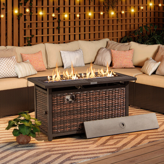 45 Inch Propane Rattan Firepit Table with Glass Stones and Protective Cover-Mixed Brown - Color: Brown - Image 3