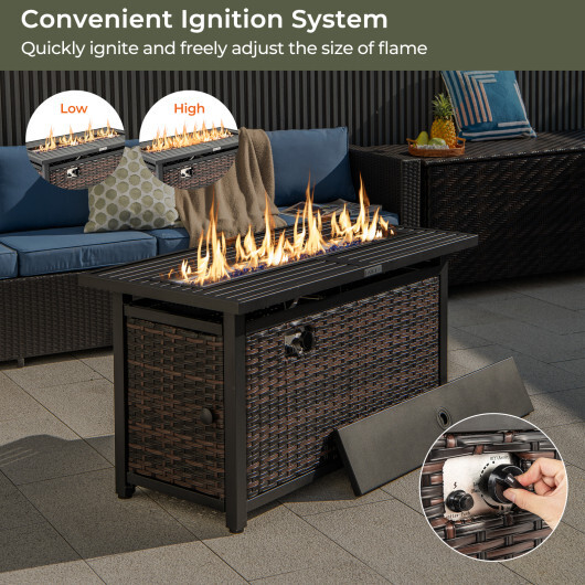 45 Inch Propane Rattan Firepit Table with Glass Stones and Protective Cover-Mixed Brown - Color: Brown - Image 5