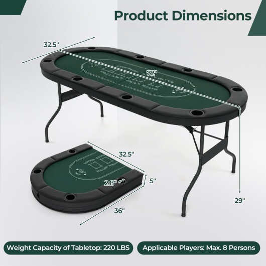 72 Inch Foldable Poker Table for 8 Players Portable Oval Card Board Game Table-Green - Color: Green - Image 5