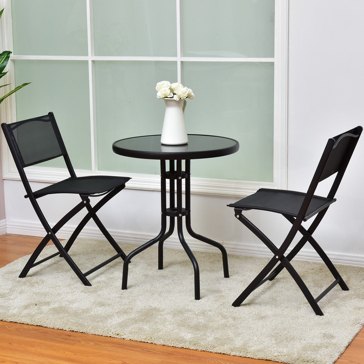 3 Pieces Folding Bistro Table Chairs Set for Indoor and Outdoor - Color: Black - Image 3