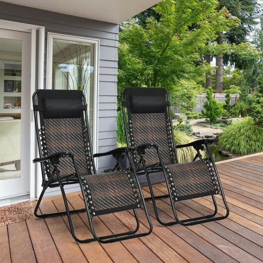 2 Pieces Folding Patio Rattan Zero Gravity Lounge Chair-Brown - Color: Brown - Image 3