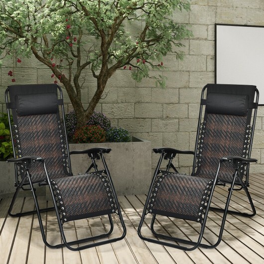2 Pieces Folding Patio Rattan Zero Gravity Lounge Chair-Brown - Color: Brown - Image 4