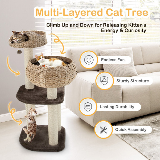41 Inch Rattan Cat Tree with Napping Perch-Beige - Color: Beige - Image 3