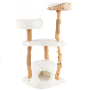 Solid Wood Cat Tower with Top Cattail Basket Cat Bed for Indoor Cats-White - Color: White