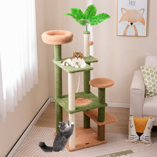 Multilevel Cat Tree with Scratching Posts and Rope Plush Perch Toy Bed-Green - Color: Green - Image 2