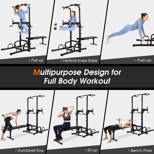 Power Tower Pull Up Bar Stand with Adjustable Heights and Bench - Color: Black - Image 5