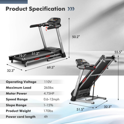 4.75 HP Folding Treadmill with Auto Incline and 20 Preset Programs-Black - Color: Black - Image 4