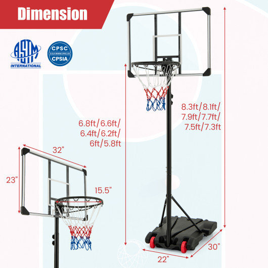 5.8-6.8 FT Basketball Hoop Height Adjustable Basketball System with Wheels and Fillable Base - Color: Black - Image 5