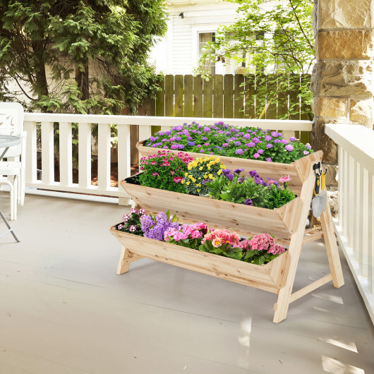 3 Tier Wooden Vertical Raised Garden Bed with Storage Shelf - Color: Natural - Image 2