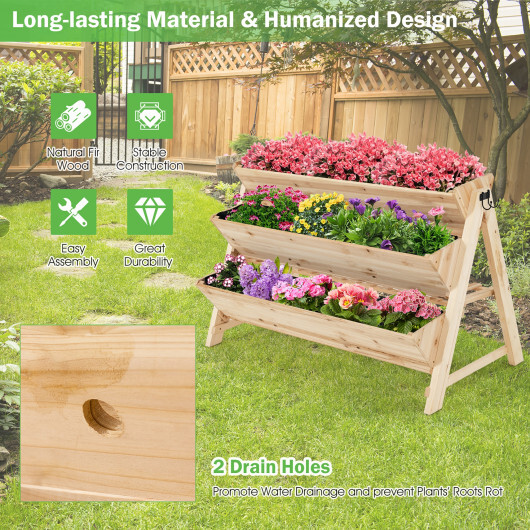 3 Tier Wooden Vertical Raised Garden Bed with Storage Shelf - Color: Natural - Image 3