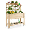 Wooden Raised Garden Bed with Wheels Trellis and Storage Shelf - Color: Natural