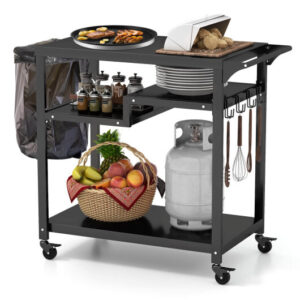 Rolling Grill Cart 3-Shelf BBQ Cart with Hooks and Side Handle-Black - Color: Black
