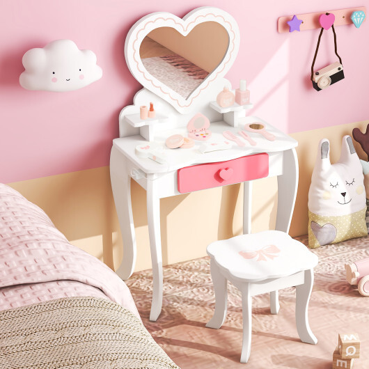 Kids Vanity Set with Heart-shaped Mirror-White - Color: White - Image 3