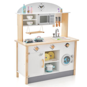 Wooden Pretend Kids Play Kitchen Set with Cooking Accessories - Color: White