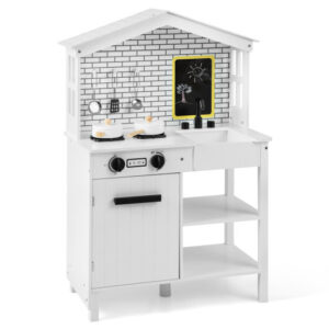 Kids Wooden Kitchen Play Set with Storage Shelves and Accessories-White - Color: White