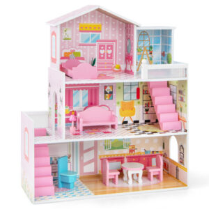Kids Wooden Dollhouse Playset with 5 Simulated Rooms and 10 Pieces of Furniture-Pink - Color: Pink