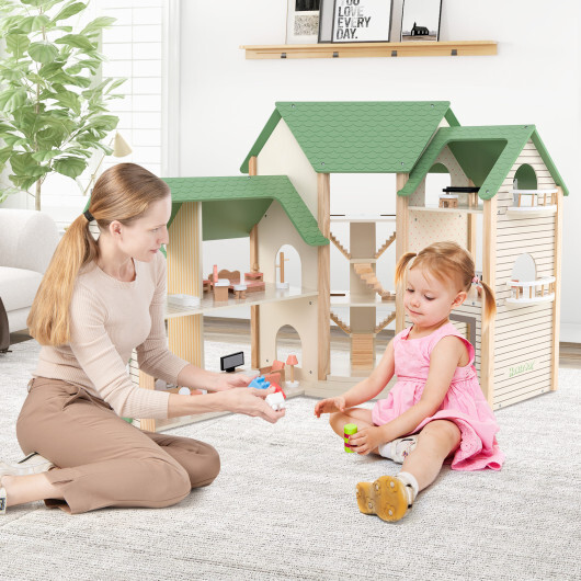 Wooden Corner Dollhouse Playset with 6 Rooms and 36 Pieces for Kids 3+ Years Old-Green - Color: Green - Image 3