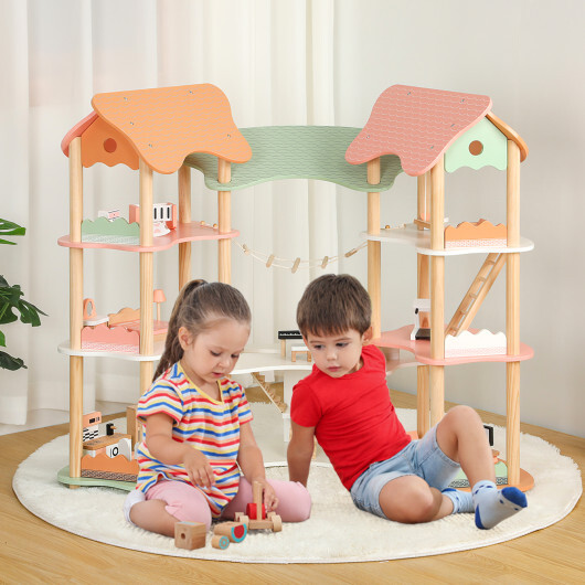 3-Tier Wooden Dollhouse for Kids Aged 3-8 Years Old with 32 Pieces of Accessories-Multicolor - Color: Multicolor - Image 2