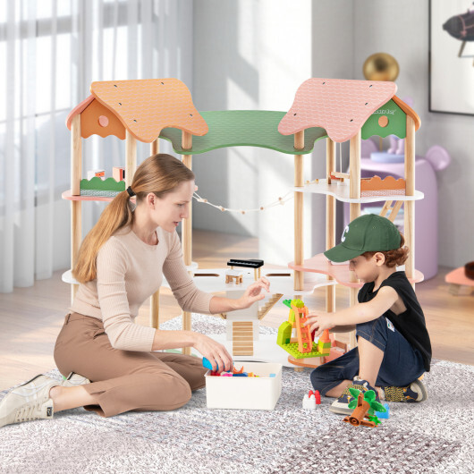 3-Tier Wooden Dollhouse for Kids Aged 3-8 Years Old with 32 Pieces of Accessories-Multicolor - Color: Multicolor - Image 3