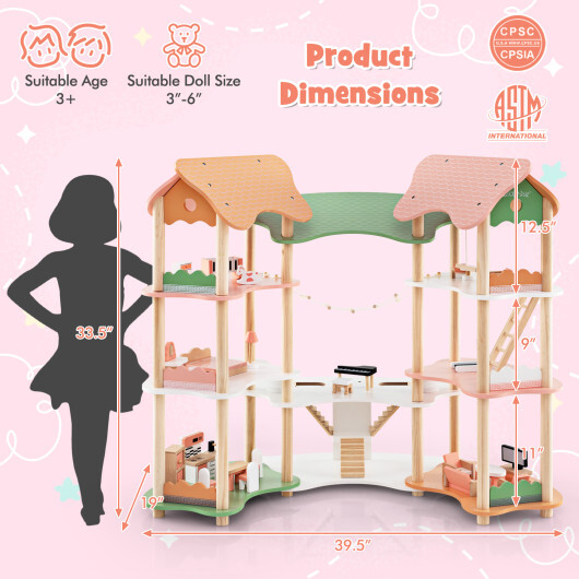 3-Tier Wooden Dollhouse for Kids Aged 3-8 Years Old with 32 Pieces of Accessories-Multicolor - Color: Multicolor - Image 4