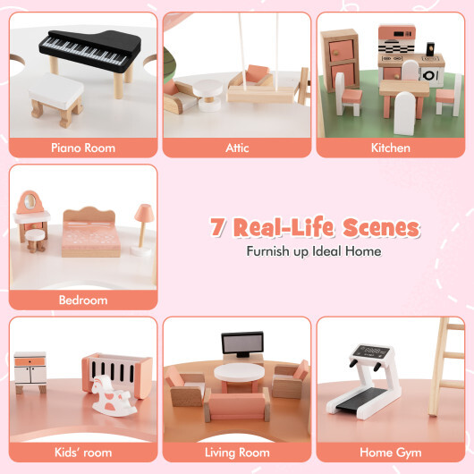 3-Tier Wooden Dollhouse for Kids Aged 3-8 Years Old with 32 Pieces of Accessories-Multicolor - Color: Multicolor - Image 5