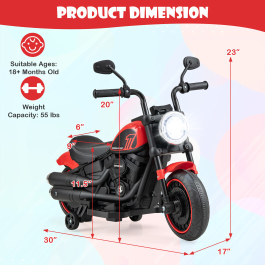 Kids Electric Motorcycle with Training Wheels and LED Headlights-Red - Color: Red - Image 4