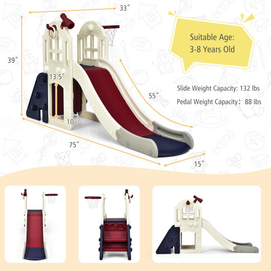 6-In-1 Large Slide for Kids Toddler Climber Slide Playset with Basketball Hoop-Blue - Color: Blue - Image 4